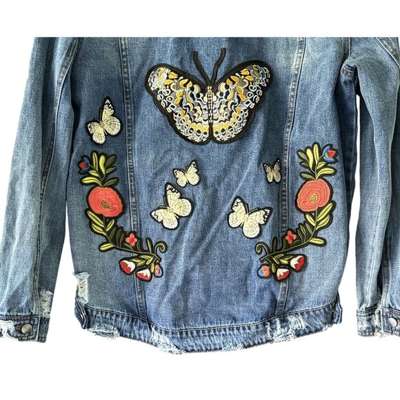 Arrive Denim Jacket Patches Distressed XL Boho Hippie Unique Fall Chic - Picture 7 of 9